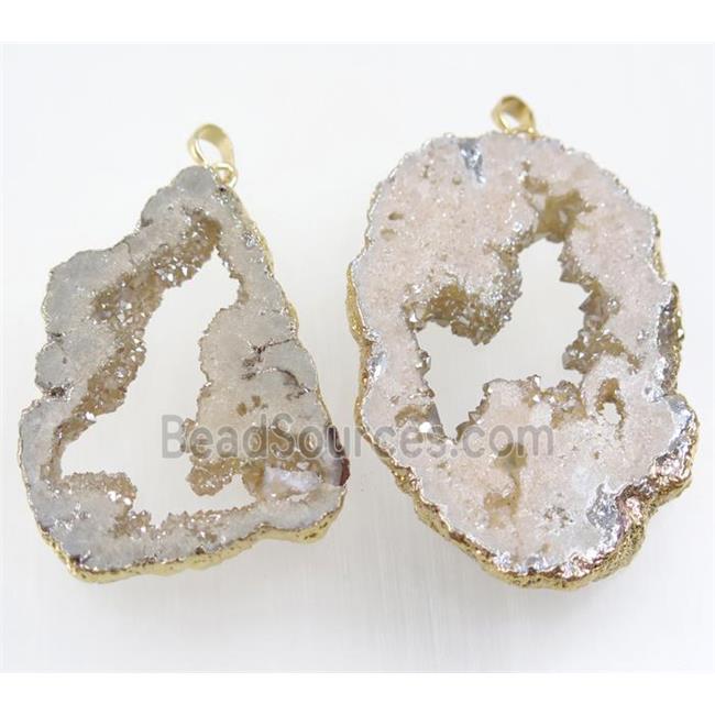 lt.gold-champagne Druzy Agate slice pendant, freeform, gold plated