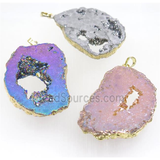 mix color Druzy Agate slice pendant, freeform, gold plated