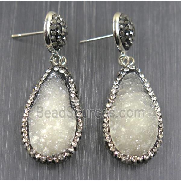 white Druzy quartz earring paved rhinestone, teardrop