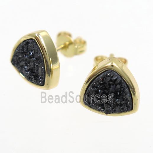 black Druzy Agate Earring Studs, triangle, gold plated