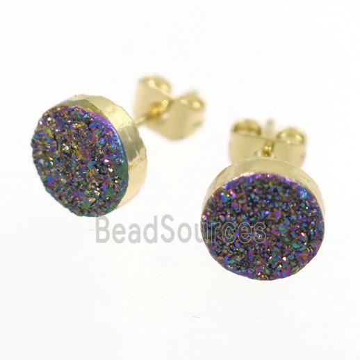 rainbow Druzy quartz Earring Studs, gold plated