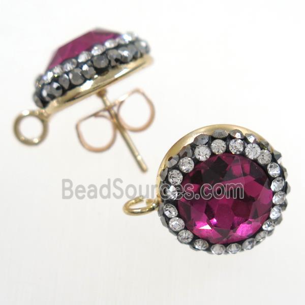 deep ruby Chinese Crystal Glass earring studs paved rhinestone, gold plated