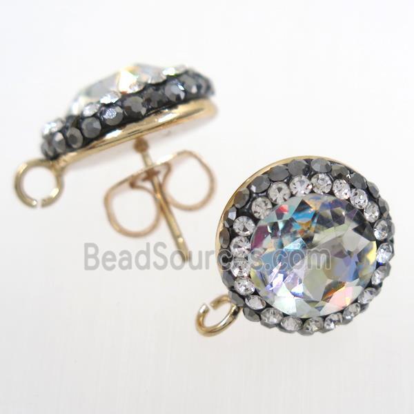 Chinese Crystal Glass earring studs paved rhinestone, clear AB-color, gold plated