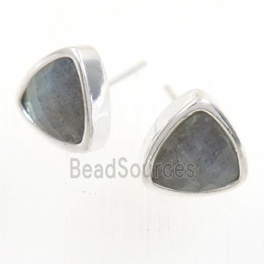 Labradorite earring studs, triangle, platinum plated