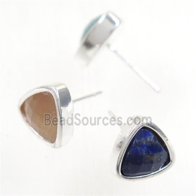 mixed gemstone earring studs, triangle, platinum plated