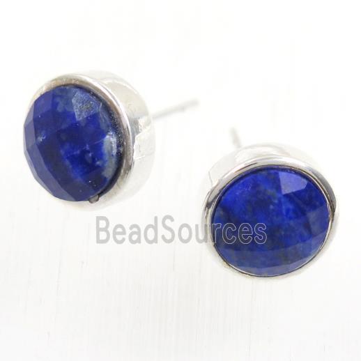 blue Lapis Lazuli earring studs, circle, platinum plated