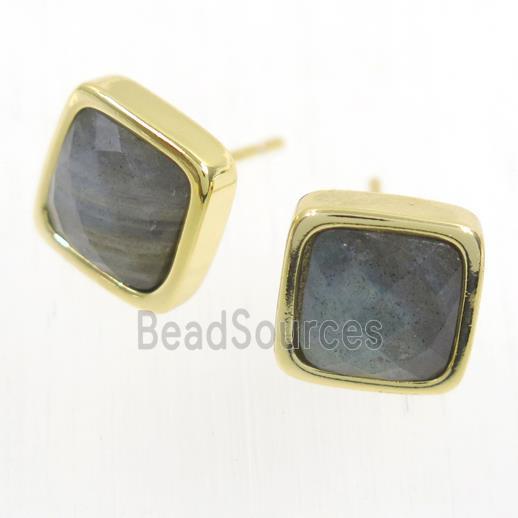 Labradorite earring studs, square, gold plated