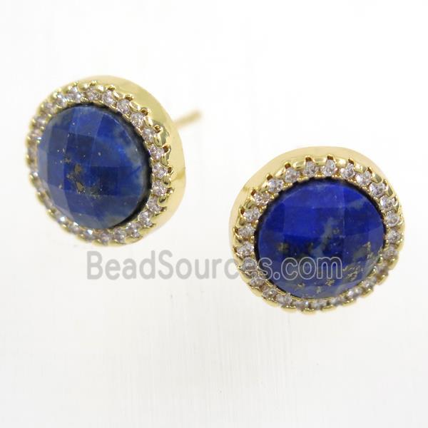 blue Lapis Lazuli earring studs paved zircon, circle, gold plated