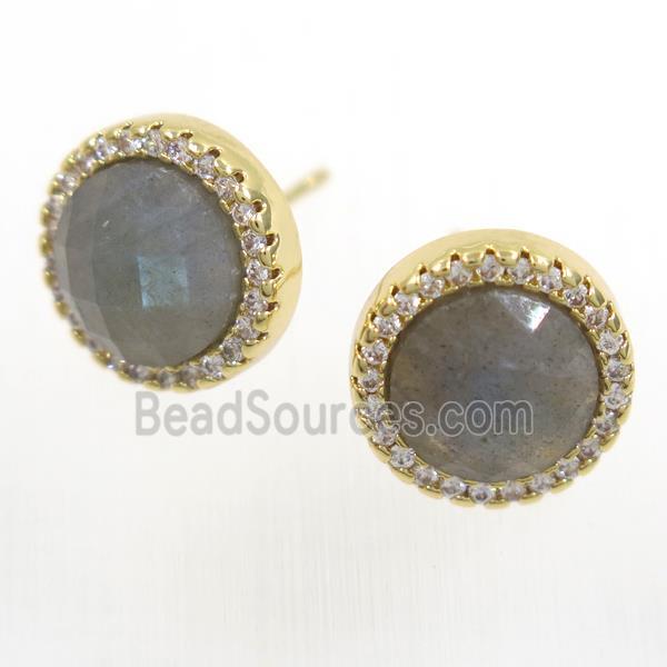 Labradorite earring studs paved zircon, circle, gold plated