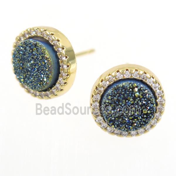 green Druzy Quartz earring studs paved zircon, circle, gold plated