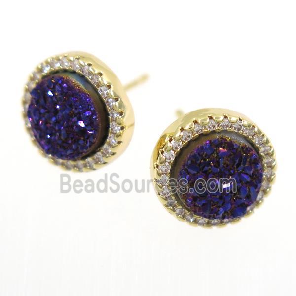 purple Druzy Quartz earring studs paved zircon, circle, gold plated