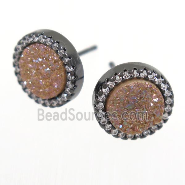 gold champagne Druzy Quartz earring studs paved zircon, circle, black plated