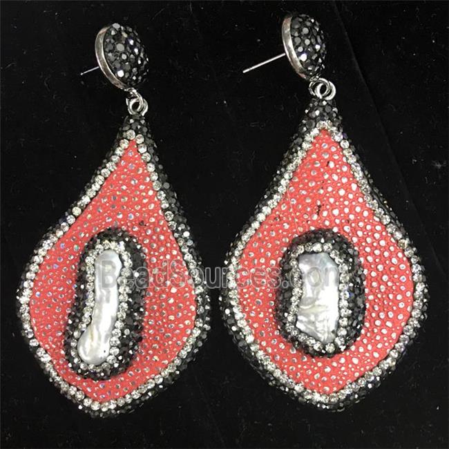 freshwater Pearl earring with red PU leater pave rhinestone