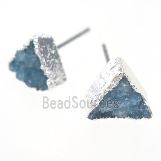 blue druzy quartz earring studs, triangle, silver plated