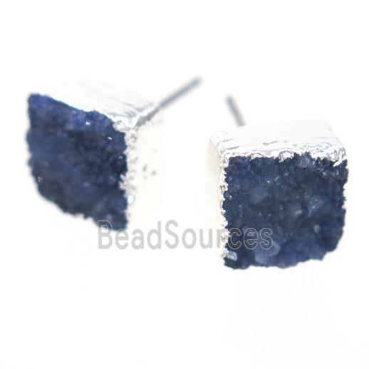 blue druzy quartz earring studs, square, silver plated