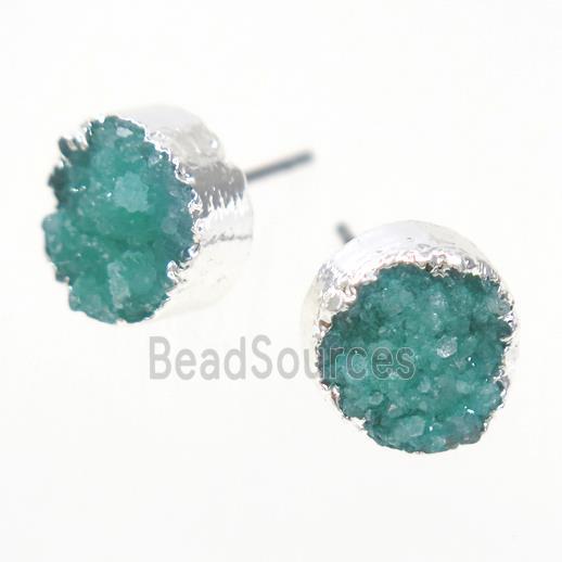 green druzy quartz earring studs, circle, silver plated