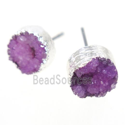 hotpink druzy quartz earring studs, circle, silver plated