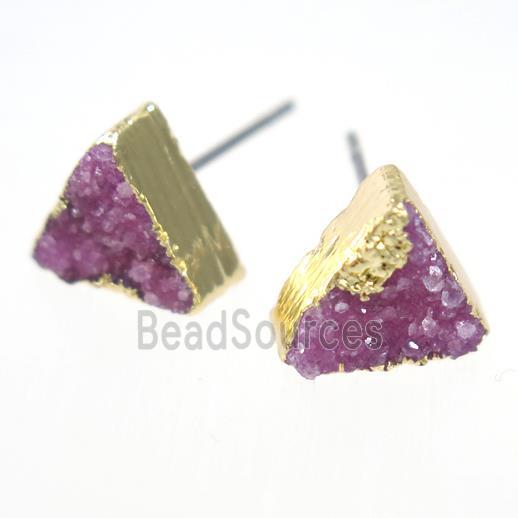 pink druzy quartz earring studs, triangle, gold plated