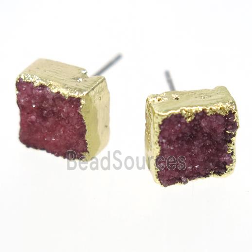 red druzy quartz earring studs, square, gold plated