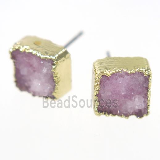 pink druzy quartz earring studs, square, gold plated