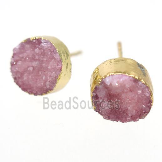 pink druzy quartz earring studs, circle, gold plated