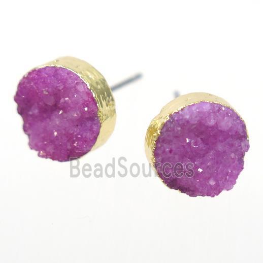 hotpink druzy quartz earring studs, circle, gold plated