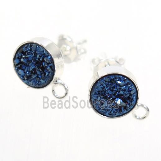 blue druzy quartz earring studs, silver plated