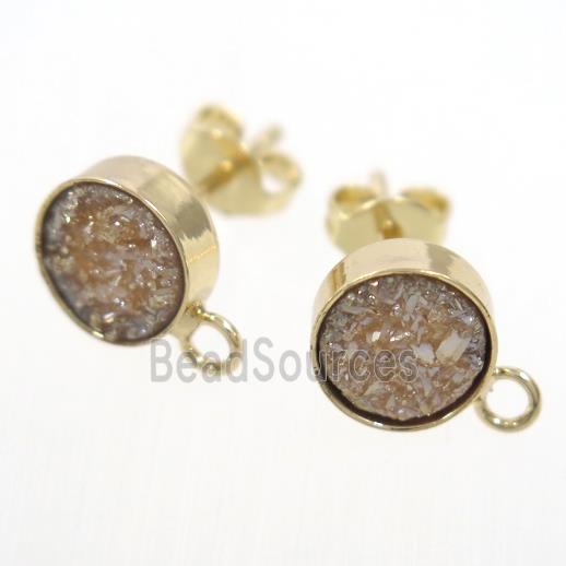 gold champagne druzy quartz earring studs, gold plated