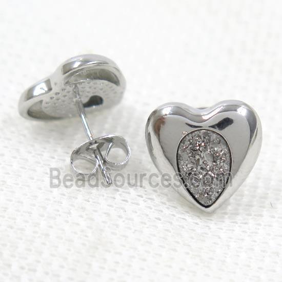 silver druzy quartz earring studs, heart platinum plated