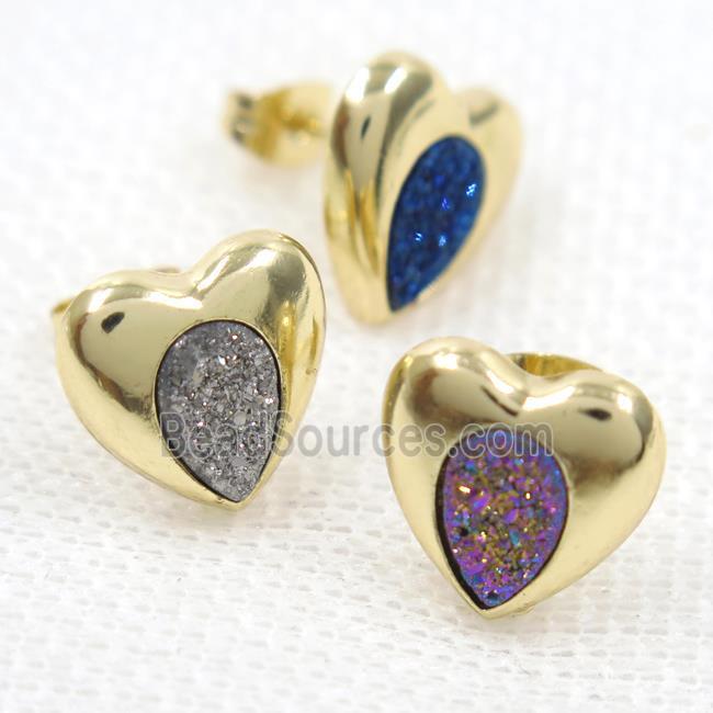 mix color druzy quartz earring studs, heart, gold plated