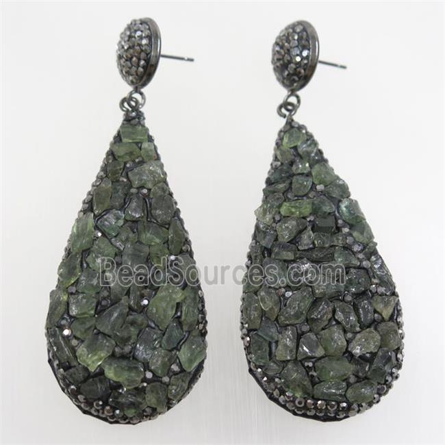 green quartz earring paved rhinestone, teardrop