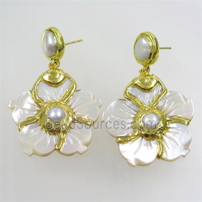 pearlized shell flower earring, 24k gold plated