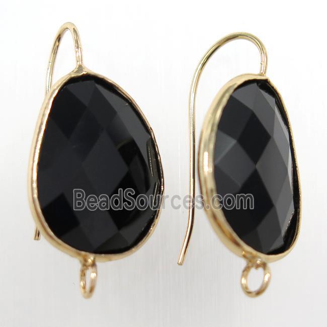 black glass crystal earring with loop, gold plated