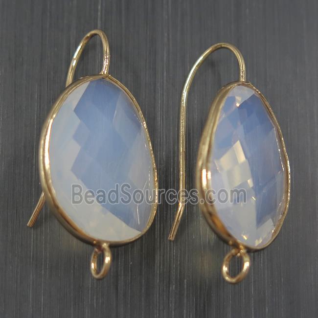 white opalite glass crystal earring with loop, gold plated