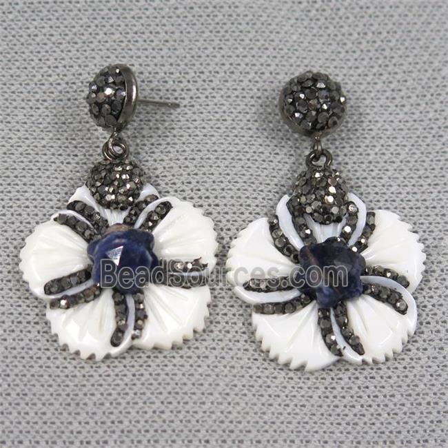 white shell earring pave rhinestone, flower