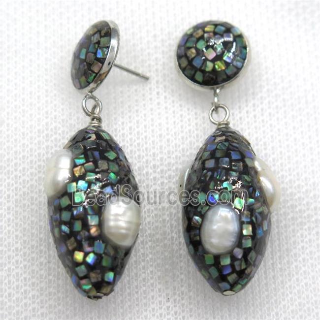 white Pearl Earrings paved abalone shell, oval