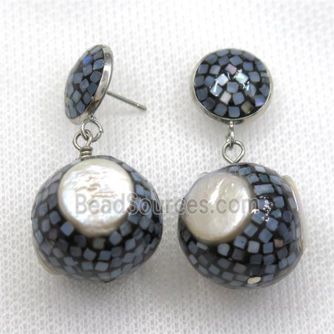 white Pearl Earrings paved abalone shell, round