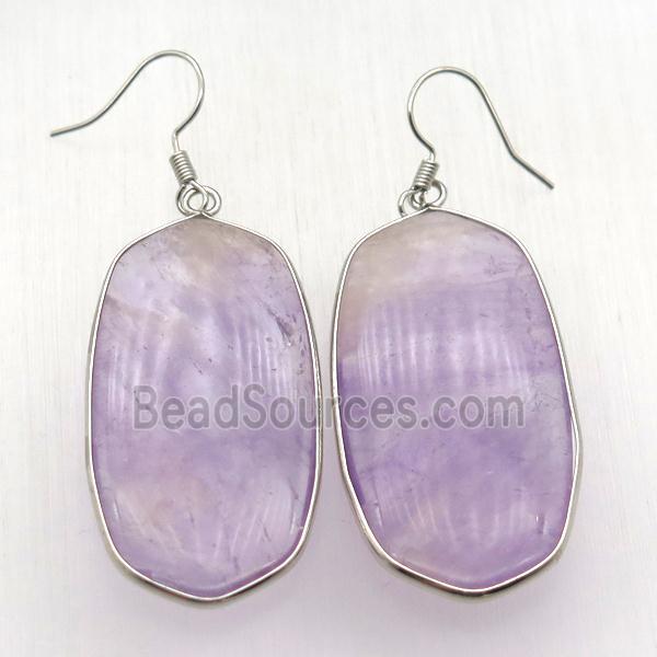 purple Amethyst oval Hook Earring, platinum plated