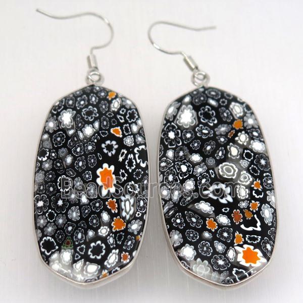 black Milefiori Glass oval Hook Earring, platinum plated