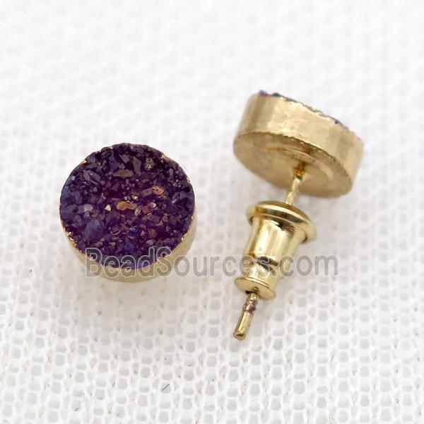 purple druzy agate earring studs, gold plated