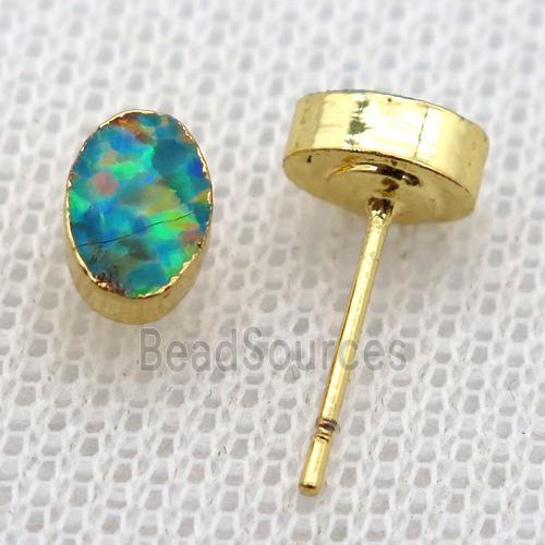 synthetic Fire Opal oval Stud Earrings, gold plated