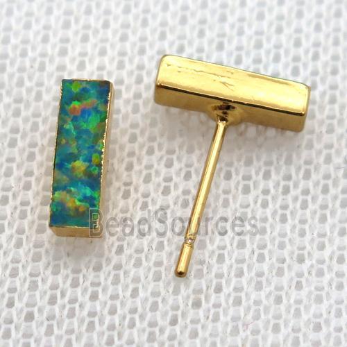 synthetic Fire Opal rectangle Stud Earrings, gold plated