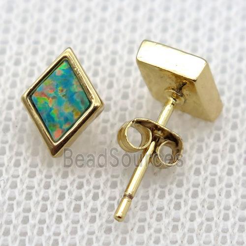 synthetic Fire Opal rhombic Stud Earrings, gold plated