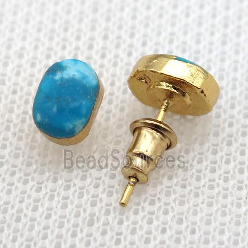 Blue Magnesite Turquoise Stud Earring Oval Gold Plated