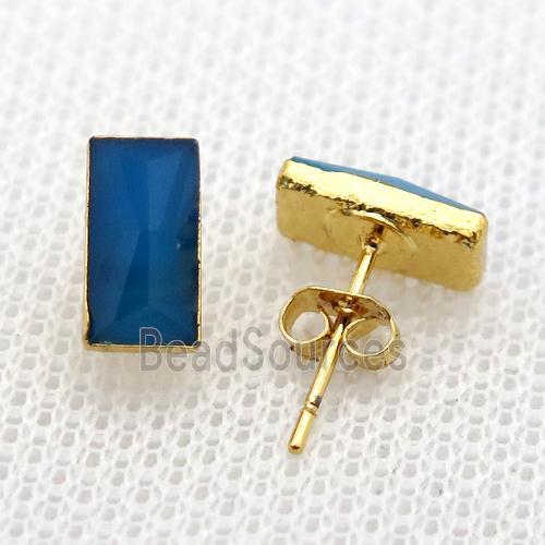 blue crystal glass Stud Earrings, rectangle, gold plated