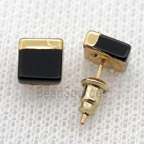 black Onyx Agate Stud Earrings, square, gold plated