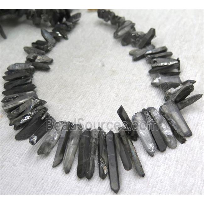 clear quartz beads, stick, half black electroplated