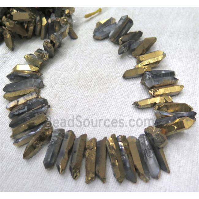 clear quartz beads, stick, half gold electroplated