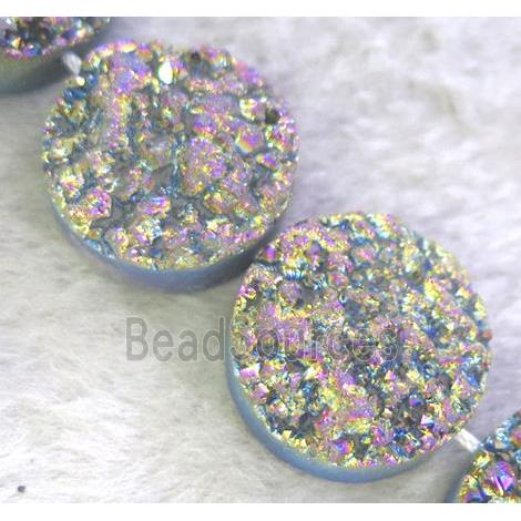 druzy agate bead, flat-round, rainbow electroplated