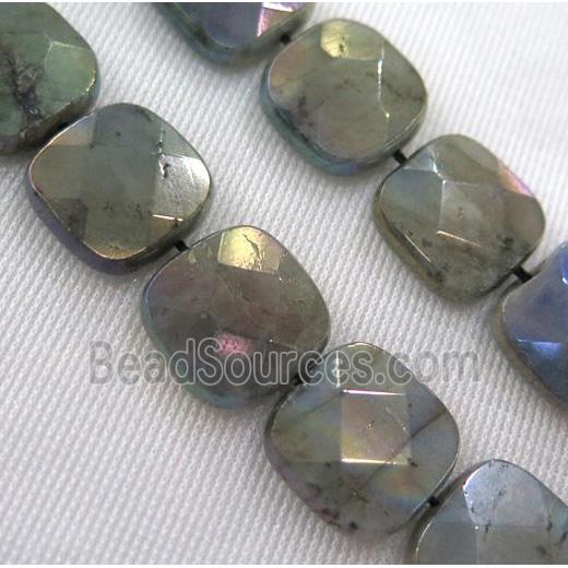 Labradorite bead, faceted square, AB color